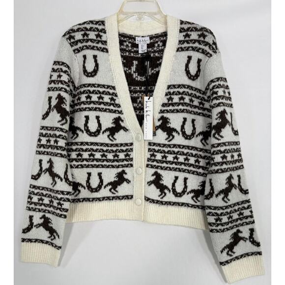Women’s Aztec Ivory Brown Horse Print Knit Western Cardigan Sweater Sz M - Picture 3 of 12